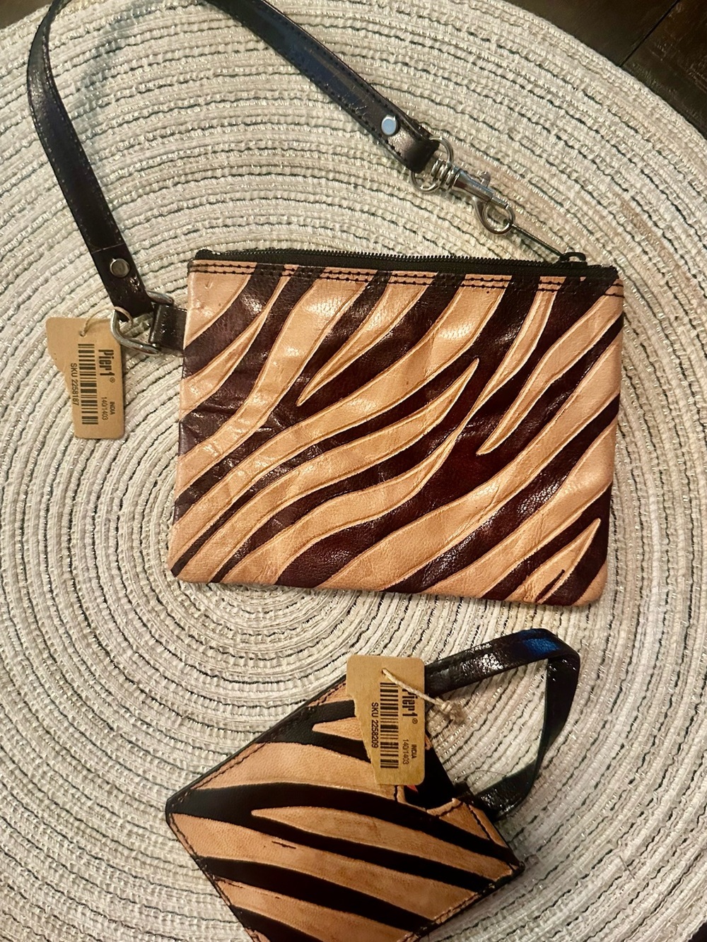 Pier 1 Zebra Print Embossed Leather Wristlet & Mirror Compact Set Made in India